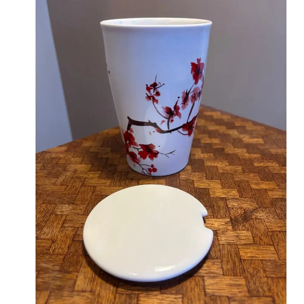 TEA FORTE Ceramic Tea Cup with Cover White/Red 12 oz